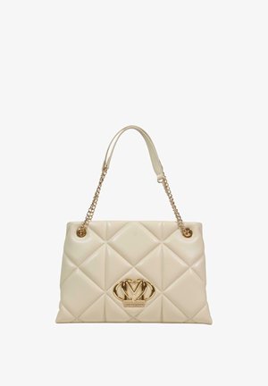 Sac à main matelassé beige avec bandoulière chaîne dorée et emblème logo Love Moschino doré au centre avant.