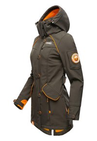 Olive green jacket with orange accents and buttons. Features a zip and button closure, adjustable hood, and multiple pockets. Soft inner lining.