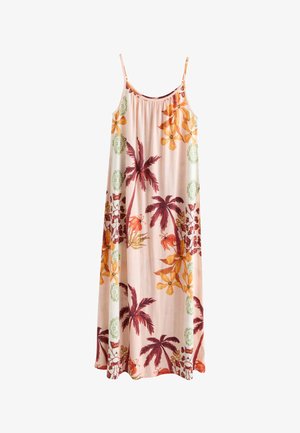 Abito lungo, senza maniche, con spalline sottili, caratterizzato da una stampa tropicale con fiori arancioni e palme rosse su sfondo rosa pallido.