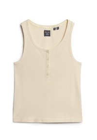 Ribbet kremsfarvet ærmeløs tanktop med en rund halsudskæring og to-knaps lukning. Blød tekstur med en regular fit og uden dekorationer.
