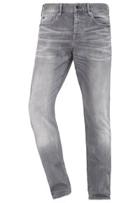 Jean en denim gris avec une coupe slim, dotés d'un délavage légèrement usé, d'un design à cinq poches et d'une fermeture à bouton en métal au niveau de la taille.