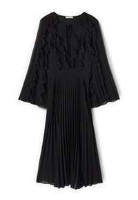 Schwarzes plissiertes Kleid mit langen Ärmeln, das Rüschenelemente am Ausschnitt und an den Ärmeln aufweist. Hergestellt aus leichtem Stoff.
