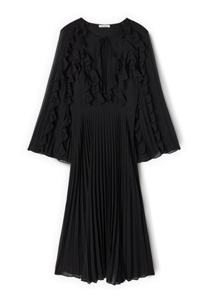 Schwarzes plissiertes Kleid mit langen Ärmeln, das Rüschenelemente am Ausschnitt und an den Ärmeln aufweist. Hergestellt aus leichtem Stoff.