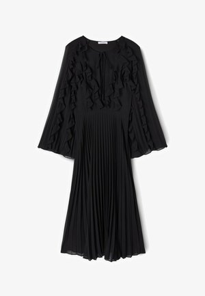 Robe noire plissée à manches longues, avec des accents froncés le long de l'encolure et des manches. Fabriquée à partir d'un tissu léger.