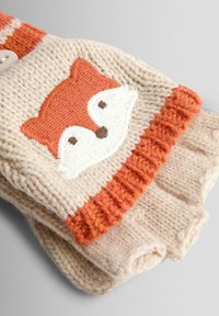 Bežidestatud sõrmeaukudega kindad, millel on oranž äär ja käe tagaosas on õmmeldud oranž ja valge rebane.