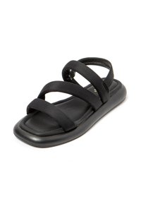 Black sandal with three fabric straps across the foot, a contoured rubber sole, and a smooth, rectangular footbed.