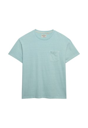 Light blue short-sleeve crew neck T-shirt with a chest pocket and a visible brand label inside the collar on a white background.