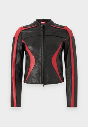 Black and red Diesel leather jacket with front zipper, zippered side pockets, and embossed logo on the chest and collar tab.