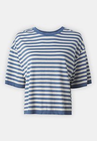 Dopasowany krótki top z krótkim rękawem w jasnym kremowym i niebieskim kolorze, z prążkowanym okrągłym dekoltem i miękką teksturą, z poziomymi paskami o różnej szerokości.