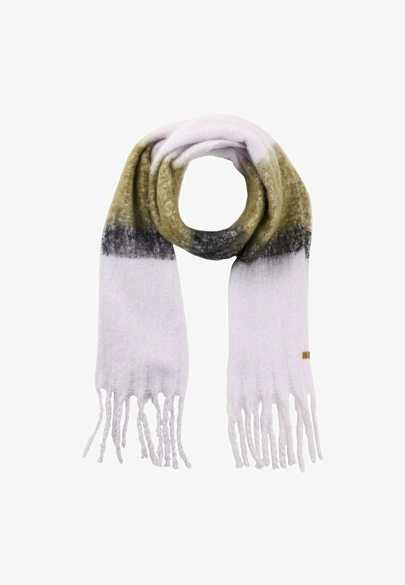 Écharpe en tricot avec un design dégradé, passant d'un vert olive à un gris, puis à du blanc, avec des bords frangés et une petite étiquette.