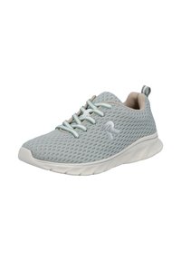 Light gray athletic shoe with mesh upper, greenish laces, and a white sole. Features a branding detail on the side and a pull tab at the back.