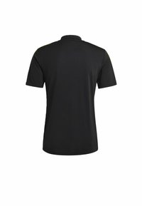 Svart polo t-shirt med en solid, jämn yta, korta ärmar, krage och kontrasterande gula detaljer på axlarna. Enkelt design.