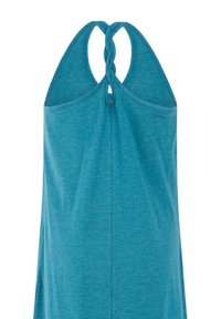 Blauwe mouwloze top met gevlochten racerback-bandjes en een subtiel logo aan de bovenzijde, gemaakt van zachte, lichtgewicht stof.