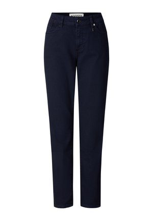 Pantalon droit bleu marine foncé avec bouton et fermeture éclair à l'avant, cinq poches, et une étiquette de logo discrète sur une poche.