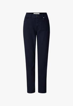 Pantalon droit bleu marine foncé avec bouton et fermeture éclair à l'avant, cinq poches, et une étiquette de logo discrète sur une poche.