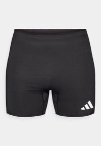Czarne sportowe spodenki wykonane z elastycznego materiału, o dopasowanym kroju, z płaskimi szwami i białym logo z trzema paskami na dolnej prawej stronie.