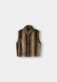 Faux fur vest in brown tones with a high neckline, featuring a textured, fluffy surface and vertical stripe pattern. No sleeves.