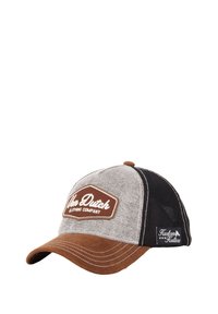 Casquette trucker marron et gris avec une face rigide, un dos en mesh et un logo "Von Dutch" brodé sur un badge, présentant une couture contrastante.