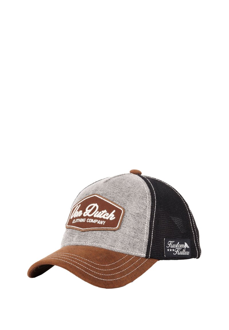 Casquette trucker marron et gris avec une face rigide, un dos en mesh et un logo "Von Dutch" brodé sur un badge, présentant une couture contrastante.
