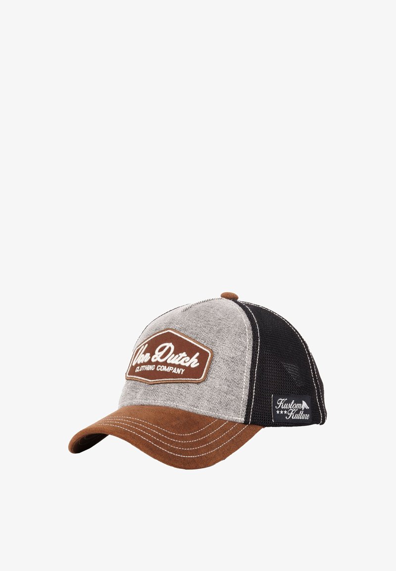Casquette trucker marron et gris avec une face rigide, un dos en mesh et un logo "Von Dutch" brodé sur un badge, présentant une couture contrastante.