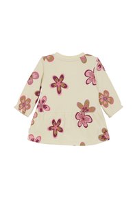 Cremfarbendes, langärmliges Kleinkindkleid mit rosa und braunem Blumenmuster, mit Peplumsaum und geripptem Struktur, flach auf weißem Hintergrund ausgelegt.
