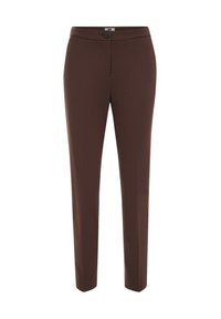 Pantaloni maronii, croiala ajustată, cu închidere cu nasturi, textură fină, fără modele vizibile, cu croială dreptă.