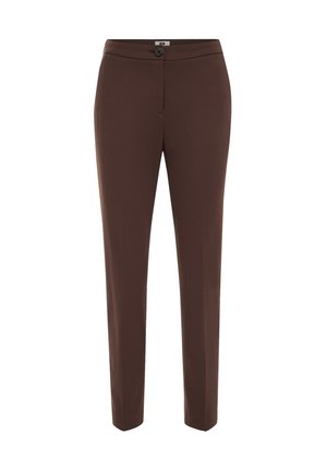 Barna, testhezálló szabású nadrág, gombos záródással, sima textúrával, minta nélkül, egyenes szárú kialakítással.