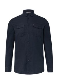 Camicia navy con bottoni, realizzata in cotone, con maniche lunghe, due tasche sul petto e un colletto classico. Tessuto morbido con vestibilità rilassata.