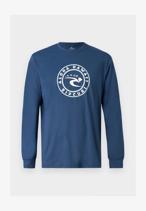 Granatowa koszula z długim rękawem z okrągłym białym logo przedstawiającym falę i Hawajskie Wyspy, na przodzie tekst "Aloha Hawaii Rip Curl".