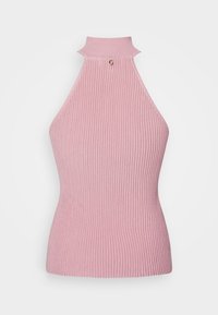 Różowy top bez rękawów z prążkowanej tkaniny, charakteryzujący się wysokim dekoltem, dopasowanym krojem oraz małym złotym akcentem na kołnierzyku. Miękka dziana tekstura.