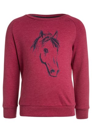 Langærmet vinrød sweatshirt med et sort skitseagtigt hestehoved centreret foran, ribstrikkede manchetter og kant.