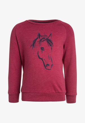 Langärmeliger bordeauxfarbener Pullover mit einem schwarzen, skizzenhaften Pferdekopf mittig vorne, mit gerippten Bündchen und Saum.