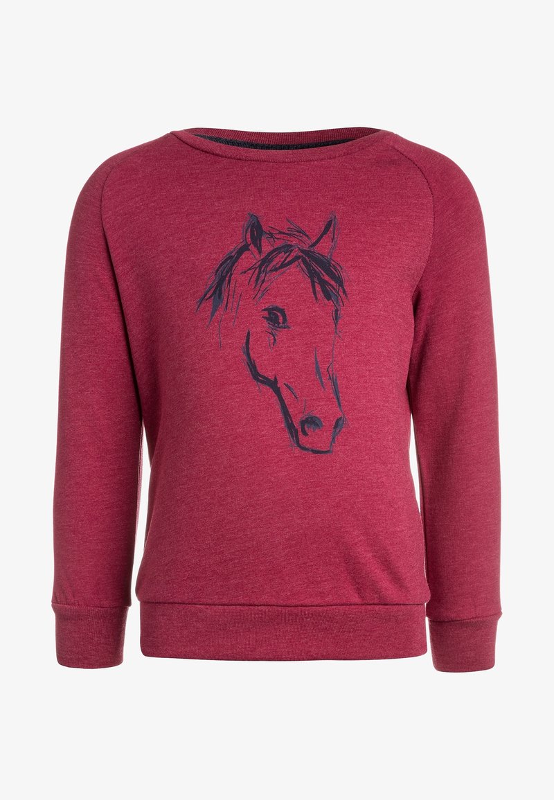 Sweat-shirt bordeaux à manches longues avec une tête de cheval en style croquis noir centrée à l'avant, poignets et ourlet côtelés.