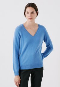 Maglione azzurro chiaro a scollo a V realizzato in tessuto morbido, con maniche lunghe e orlo a coste, caratterizzato da una trama liscia e un design semplice.