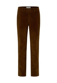 Braune Cordhosen mit geradem Schnitt, ausgestattet mit subtilen Rippungen und einem standardmäßigen Taillenband, entworfen für eine klassische Passform und Langlebigkeit.