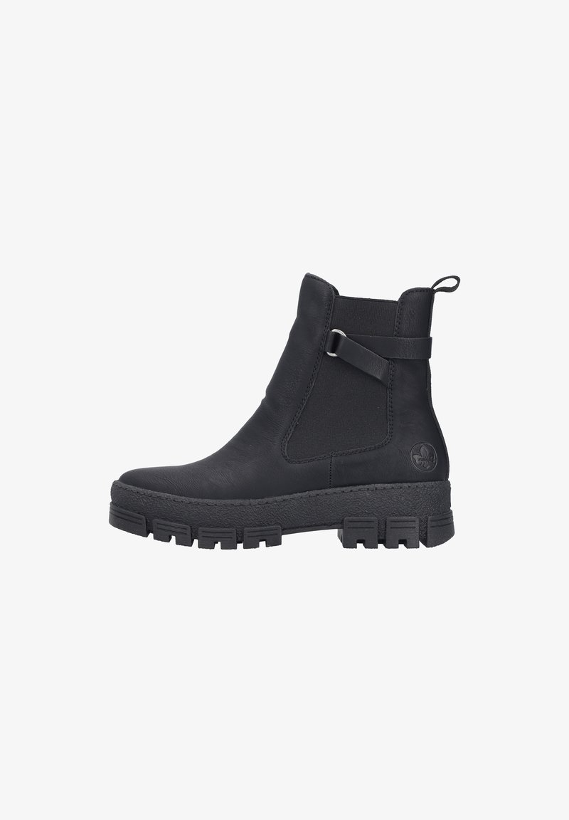 Black ankle boots made of textured leather with elastic panels, a buckle accent, and a rugged sole featuring distinct tread patterns.