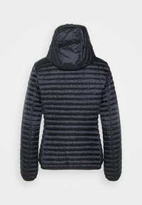 Black padded jacket with a hood, featuring a quilted design, smooth texture, and elasticized cuffs. Simple and functional silhouette.