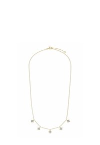 Gouden ketting met vijf kleine, sprankelende heldere kristallen, elk in een bloemontwerp gezet, met een delicate verstelbare sluiting.