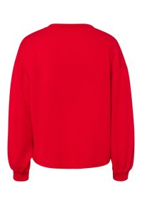 Rode trui zonder capuchon, gemaakt van zacht katoen, lange mouwen met elastische manchetten, ronde hals, losse pasvorm, effen kleur zonder patronen.