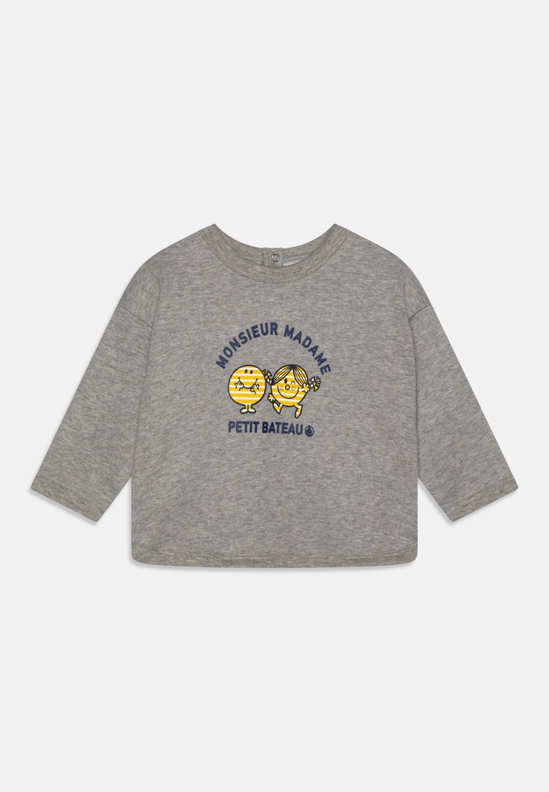 T-shirt gris à manches longues en coton, avec un col rond et des personnages imprimés ludiques accompagnés du texte "Monsieur Madame".