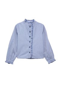 Blauw-witte geblokte blouse met lange mouwen, een gerimpelde kraag, knoopsluiting en gathered manchetten. Zachte stof, ontspannen pasvorm.