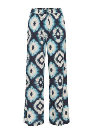 Tamsiai mėlynos plačios kelnės su mėlynai ir kreminiu rišimo raštu. Yra elastinė juosmens juosta su raišteliu. Lengvas audinys.