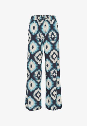 Weite Hosen in Marineblau mit einem blau-creamfarbenen Batikmuster. Merkmale einen elastischen Bund mit Kordelzug. Leichter Stoff.