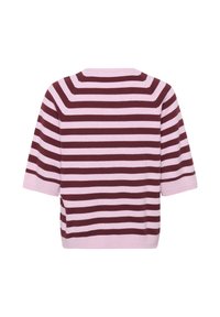 Kortærmet strikket top med horisontale lyserøde og mørkerøde striber, med bred halsudskæring og ribkant i bunden og ved ærmerne.