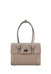 Borsa a mano in pelle beige con una forma strutturata, due manici e una chiusura magnetica. Presenta dettagli in metallo argentato e una superficie testurizzata.