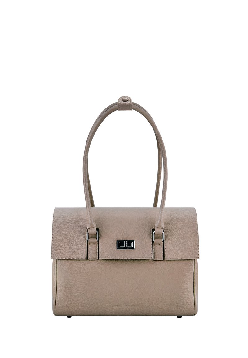Borsa a mano in pelle beige con una forma strutturata, due manici e una chiusura magnetica. Presenta dettagli in metallo argentato e una superficie testurizzata.