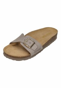 Gray suede slide sandal with a wide strap, adjustable buckle, and a contoured cork footbed. Features a textured sole for grip.