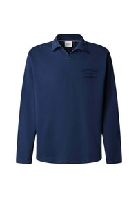 Granatowa koszulka polo z długim rękawem, wykonana z mieszanki bawełny, z kołnierzykiem i haftowanym logo z przodu, gładka w dotyku, o swobodnym kroju.