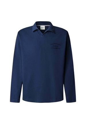 Temno modra polo majica z dolgimi rokavi iz bombažne mešanice, z ovratnikom in izvezenim logotipom spredaj, gladkim teksturo ter sproščeno prileganjem.