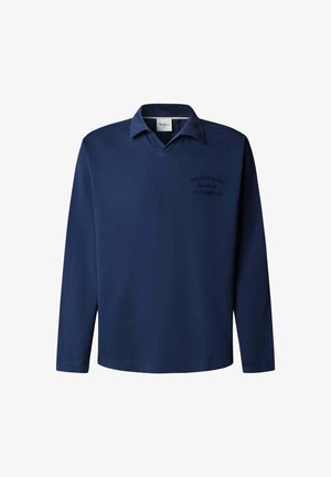 Temno modra polo majica z dolgimi rokavi iz bombažne mešanice, z ovratnikom in izvezenim logotipom spredaj, gladkim teksturo ter sproščeno prileganjem.
